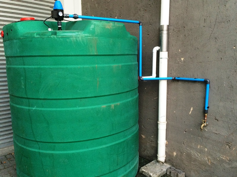 DIY rainwater harvesting system at a factory in Durban 